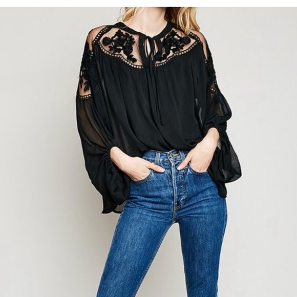 NWOT BLACK LACE SHEER TOP BOHO PHEASANT TOP - Picture 2 of 7